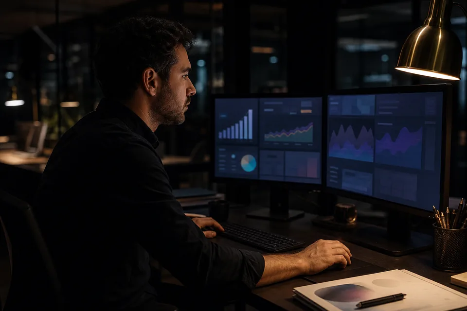 Media buyer in profile at two monitors with ad dashboard charts in a dark office