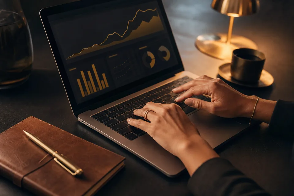 Hands over a laptop showing growth charts in dark mode next to a notebook and brass pen