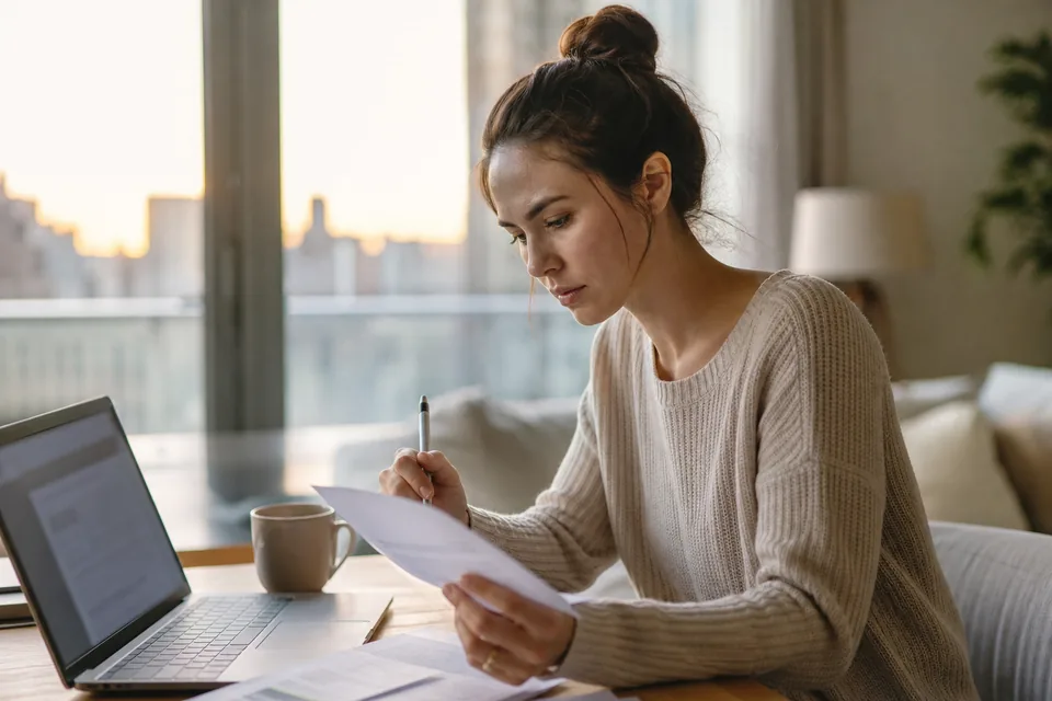 Creator reading an agency agreement with a pen and printed pages at her desk