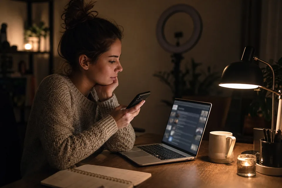 Creator at her desk at night checking community posts on a laptop with a posting schedule in a notebook