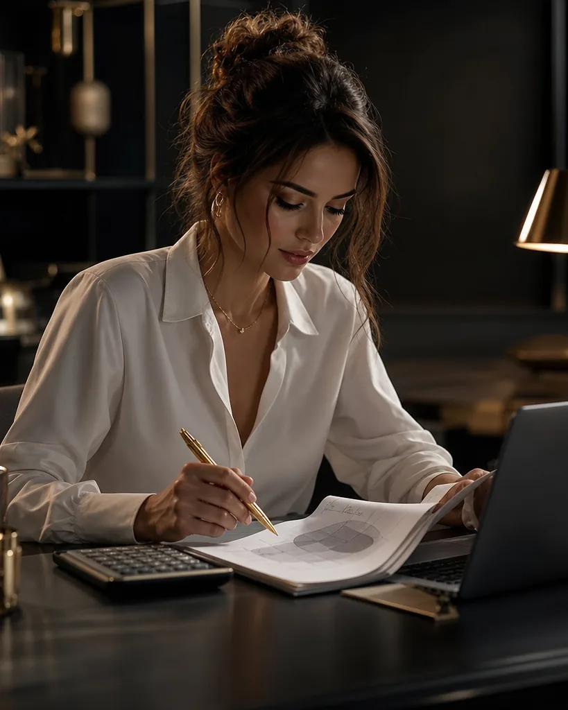 Calculator, notebook and laptop on a desk while a creator reviews costs