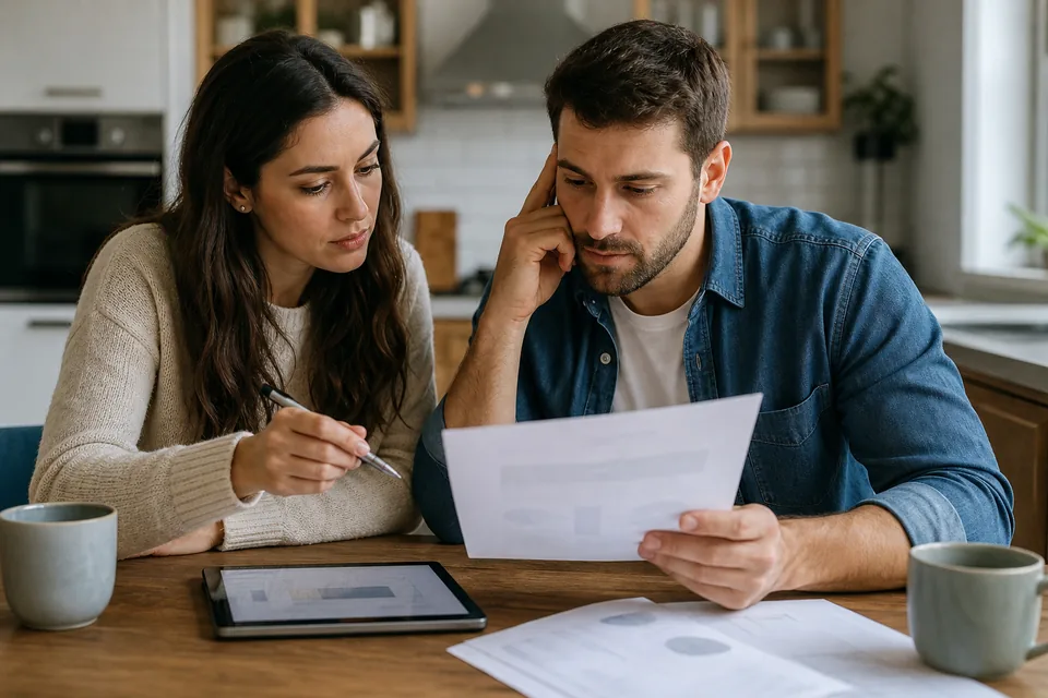 Two partners reviewing a written agreement and a payout sheet at a kitchen table
