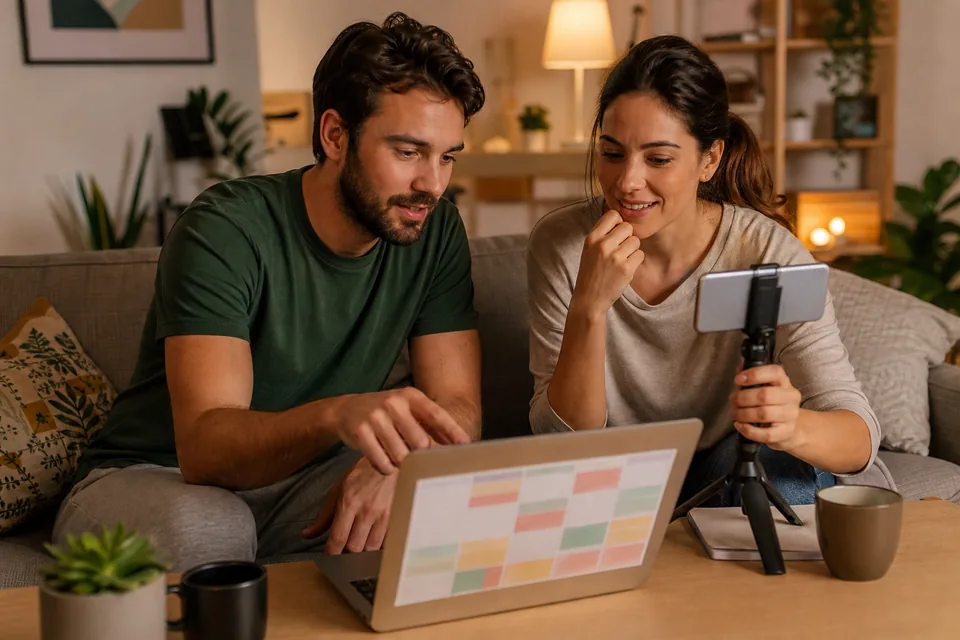 Adult couple planning their content calendar together on a sofa with a phone tripod and laptop