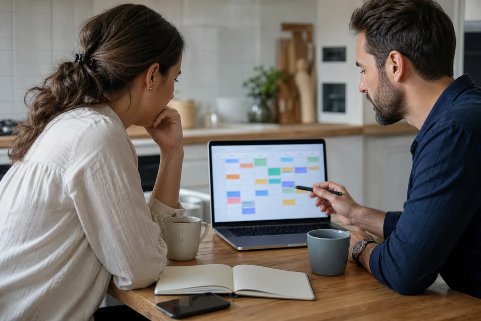Creator and a marketer reviewing a first month content calendar on a laptop at a kitchen table