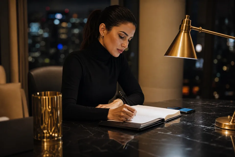 Creator planning her week with a phone and a notebook at a marble table at night