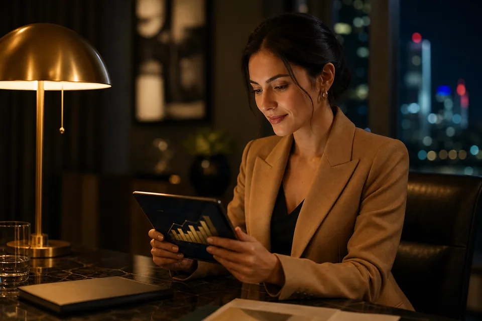Creator in a blazer reviewing growth charts on a tablet at an evening desk