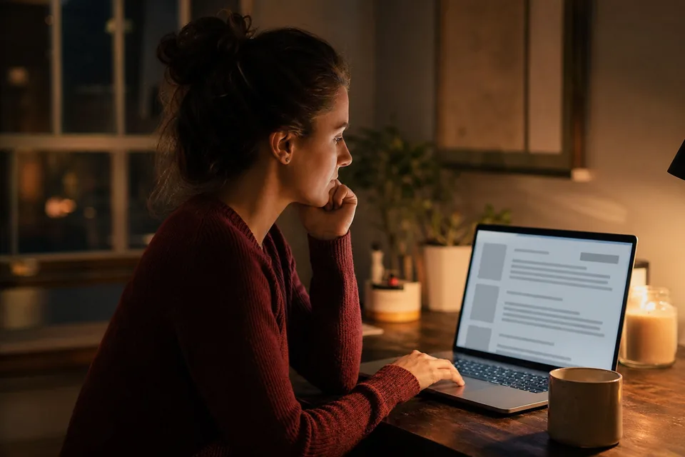 Laptop showing an abstract search results page in a cozy dark workspace