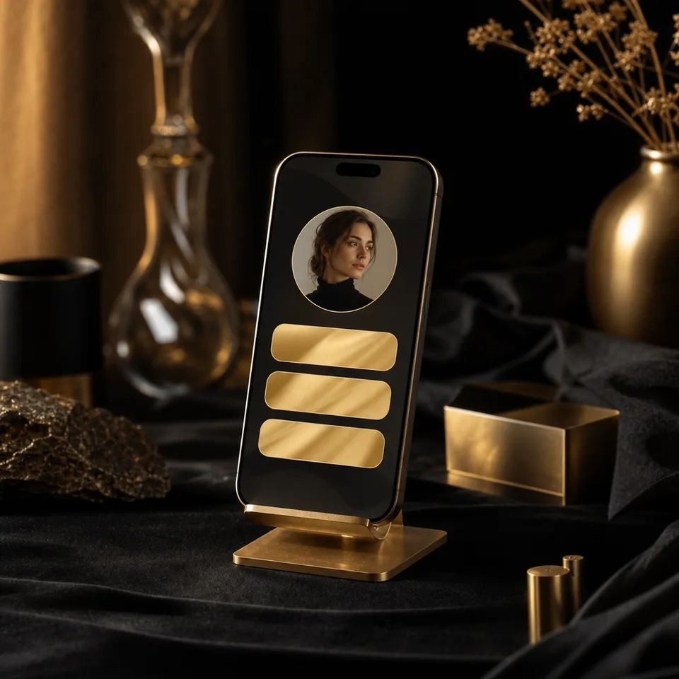 Phone showing an abstract link in bio page with stacked gold buttons