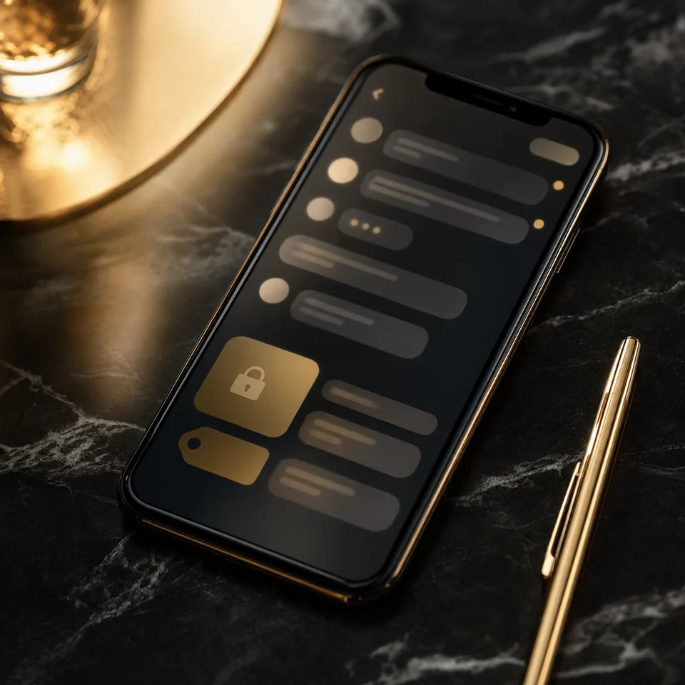 Phone on black marble showing an abstract inbox with price tags and a locked media tile
