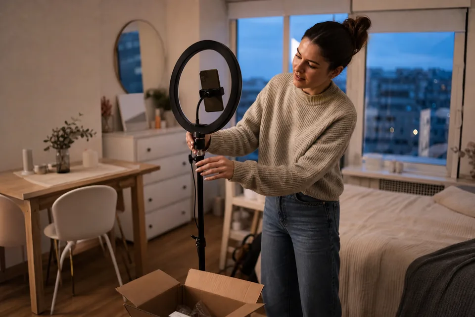 New creator setting up a ring light and her first filming corner in a small apartment