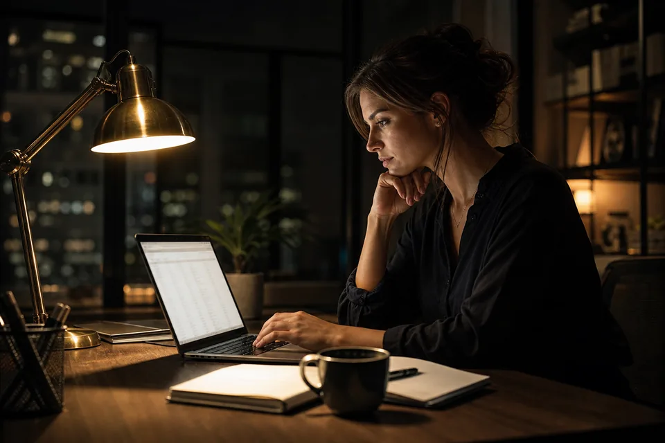 Creator at a desk reviewing her weekly analytics on a laptop