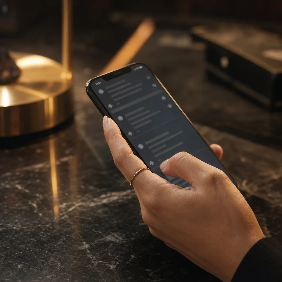 Hand holding a phone with an abstract discussion forum feed with upvote arrows