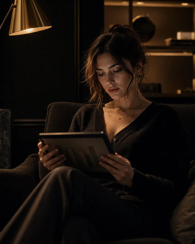 Creator reading a monthly report on a tablet
