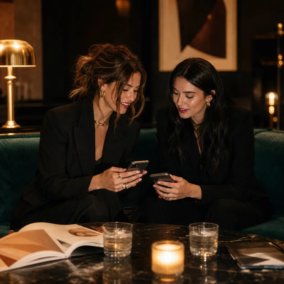 Two creators on a velvet sofa comparing phones while planning a collaboration