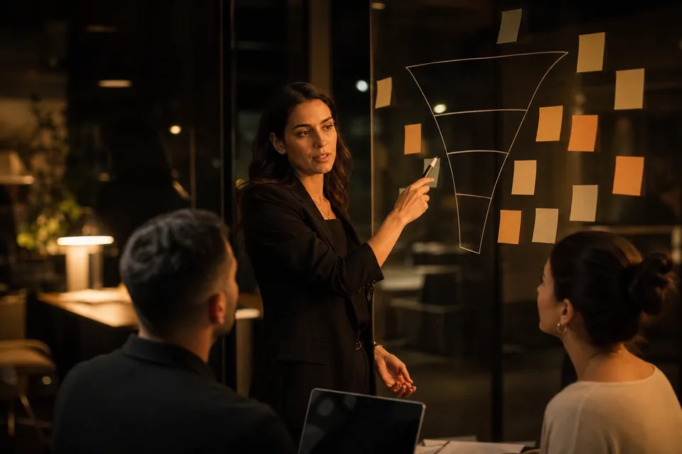 Marketer pointing at a glass wall with sticky notes and a funnel diagram
