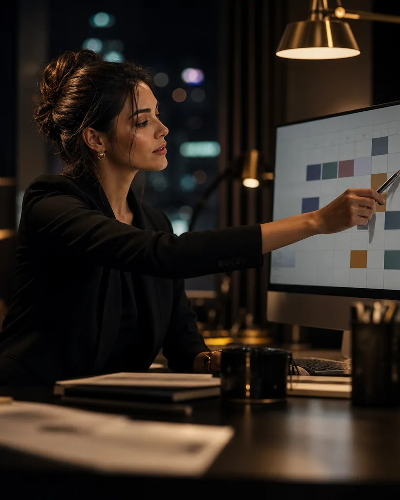 Marketer planning a creator content calendar on a large monitor