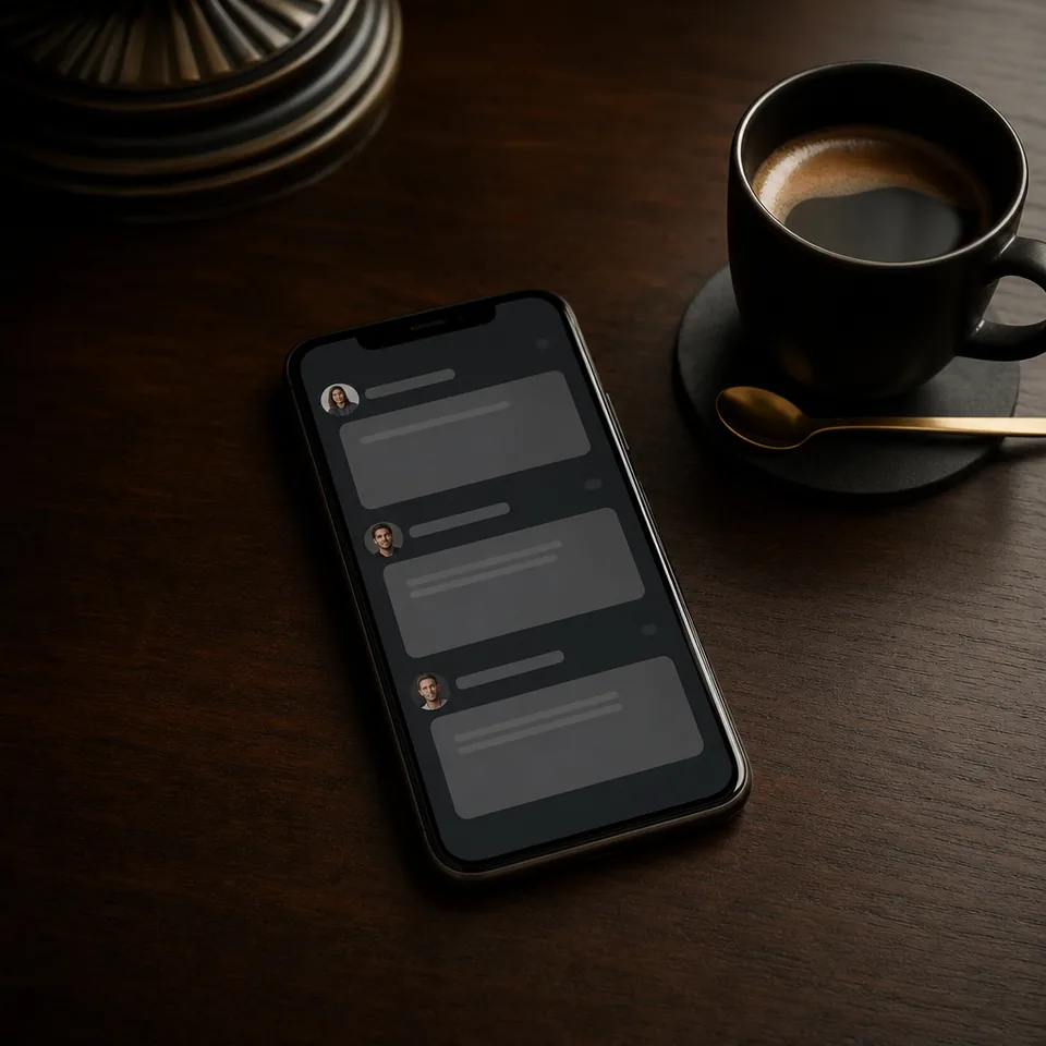 Phone on a dark table showing an abstract short-post feed next to a coffee cup with a gold spoon